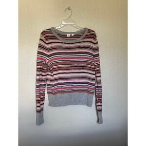 Women’s Pullover Sweater Merino wool Fair Isle Stripe Gray Colorful, size M